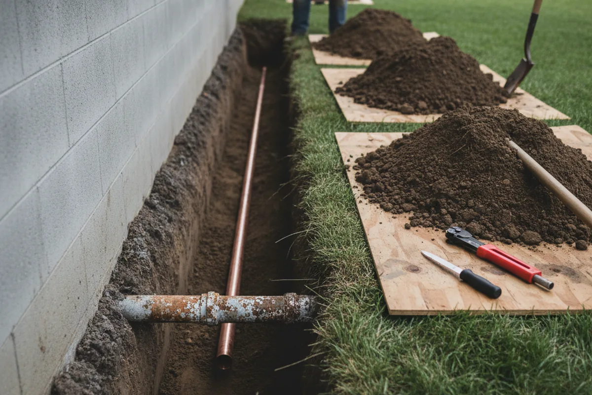 Excavated water line trench during Water Softener Installation in Wood
